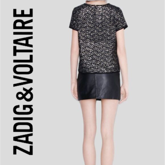 ZADIG & VOLTAIRE SILK BLEND TRUSTY SEQUIN GOLD SILVER EYELASH TRIM BOXY FIT TOP - Picture 3 of 16
